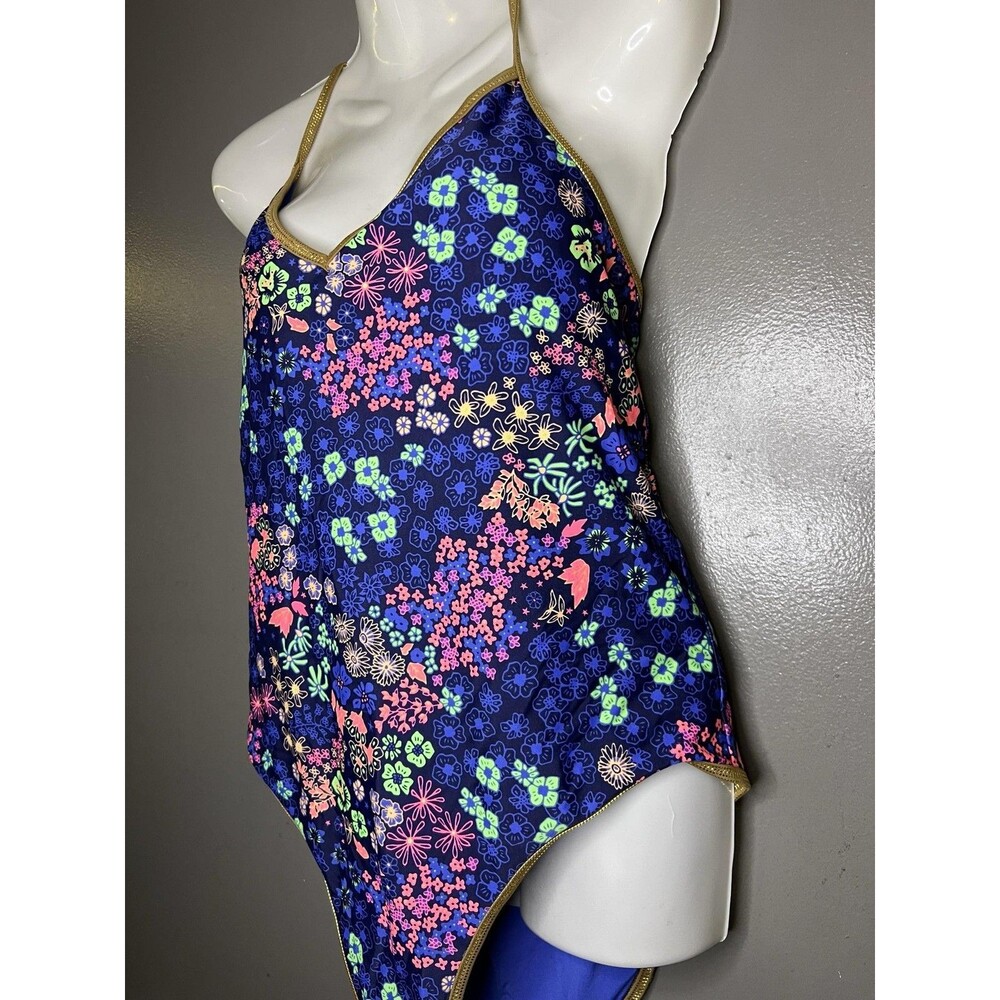 Aerie Swimsuit Womens XL Blue Floral One Piece Triangle Crisscross Back Strappy - Picture 5 of 12